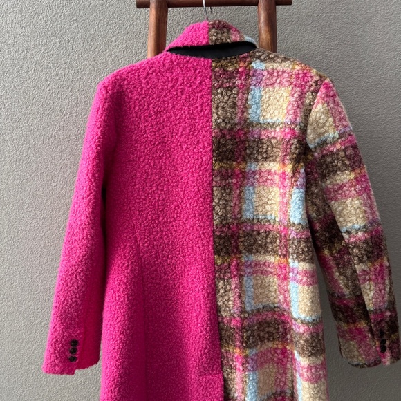 NVLT Boucle Anthropologie Pink Colorblock Teddy Longline Plaid Coat Large - Picture 10 of 14
